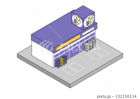 アイソメトリック日本にありそうなドラッグストアのツートンカラーの建物アイコン素材 132150114