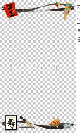 筆文字風お正月の縦型和風フレームイラスト 132150171