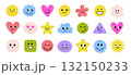 Face smile emoji doodle icon sticker set. Cute kid doodle style funny face emoji smile sticker. Funny cartoon emoticon heart, star, flower trendy character shape. Vector 132150233