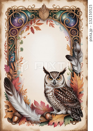 フクロウと羽根の秋のクラシックフレーム背景 132150525