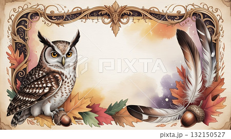 フクロウと羽根の秋フレーム背景 132150527