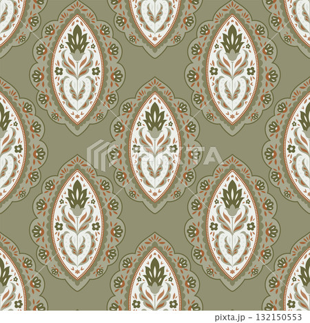 Olive Folk Medallion Floral Pattern 132150553
