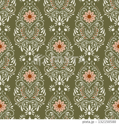 Ornate Olive Floral Damask Pattern 132150580