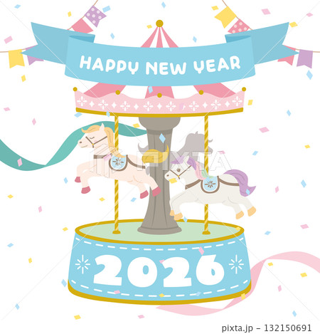 2026年午年　ガーリーなメリーゴーランドの年賀素材（1:1サイズ） 132150691