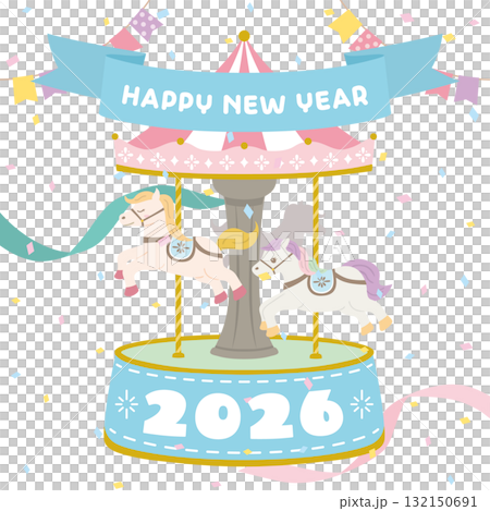 2026年午年　ガーリーなメリーゴーランドの年賀素材（1:1サイズ） 132150691