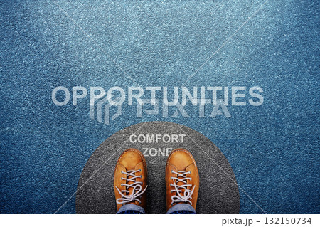 Comfort Zone Concept. Male on Circle Line Concrete Floor, Ready or Start 132150734