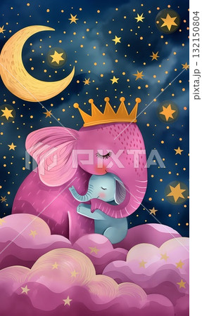 Cute baby elephant hugging mother under moon and stars ,dreamy nursery art illustration 132150804