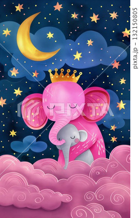 Cute baby elephant hugging mother under moon and stars, dreamy nursery art illustration Cute baby elephant hugging mother under moon and stars, dreamy nursery art illustration 132150805