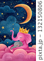Cute baby elephant hugging mother under moon and stars, dreamy nursery art illustration 132150806
