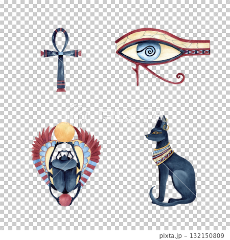 Egyptian traditional symbol set, ancient religion icon. Bastet black cat, Scarab beetle with wings, Eye of Horus, Ankh mythology objects. Watercolor illustration clip art isolated from background Egyptian traditional symbol set, ancient religion icon. Bastet black cat, Scarab beetle with wings, Eye of Horus, Ankh mythology objects. Watercolor illustration clip art isolated from background 132150809