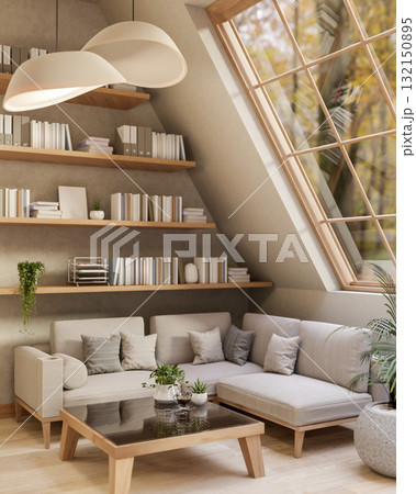 Fabric sofas with cushion and a square table under a large roof window in living room or study room. 132150895