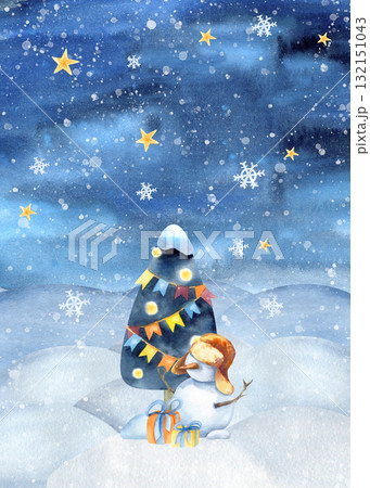 Merry Christmas tree, snow man, gift box, festive night landscape. Watercolor children card with winter landscape, snowdrift, snowfall and golden stars holiday New Year postcard, poster, decoration 132151043