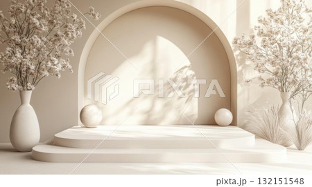 Minimalist interior design with arch and decorative elements. Concept of tranquility and elegance. 132151548