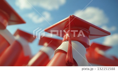 Close up of red graduation caps against a blue sky. Symbol of achievement and education. 132151588