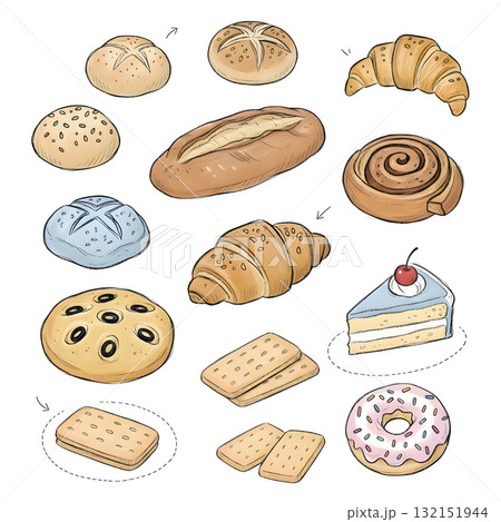 bakery and pastry set. Vector collections of bread, buns, croissant and other types of baked food. illustration design. 132151944