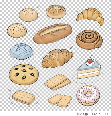 bakery and pastry set. Vector collections of bread, buns, croissant and other types of baked food. illustration design. 132151944