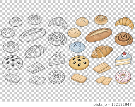 bakery and pastry set. Vector collections of bread, buns, croissant and other types of baked food. Sketch doodle style ink illustration. 132151947