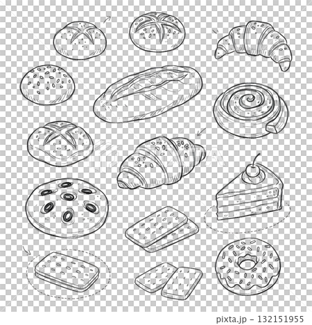 bakery and pastry set. Vector collections of bread, buns, croissant and other types of baked food. Sketch doodle style ink illustration. 132151955