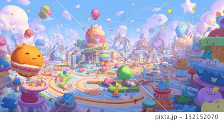 Whimsical Pastel Cityscape With Cartoon Characters Whimsical Pastel Cityscape With Cartoon Characters 132152070