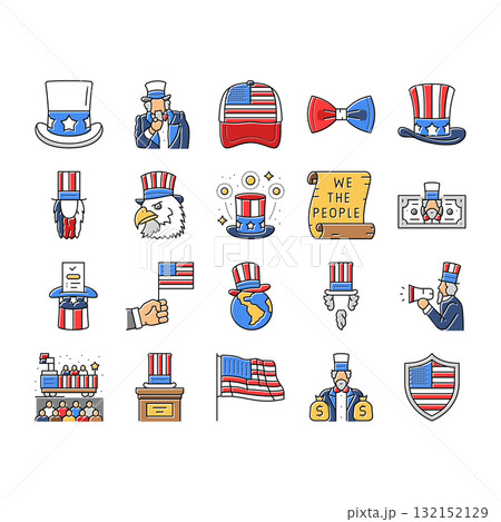 uncle sam patriotism propaganda icons set vector uncle sam patriotism propaganda icons set vector 132152129