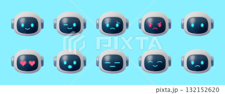 3D robot emoji set with multiple emotions and expressions. Futuristic AI chatbot mascot icons, cute cartoon digital assistant faces isolated on white background for modern design and technology 3D robot emoji set with multiple emotions and expressions. Futuristic AI chatbot mascot icons, cute cartoon digital assistant faces isolated on white background for modern design and technology 132152620