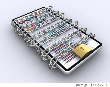 スマートフォンに鎖と南京錠で鍵をかける、盗難対策、情報漏えい対策 132152703