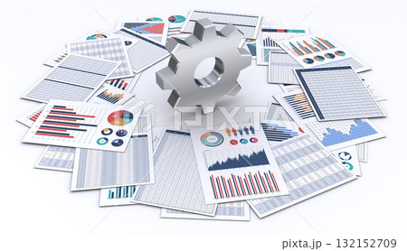 ビジネスデータをプリントした書類と歯車 ビジネスデータをプリントした書類と歯車 132152709
