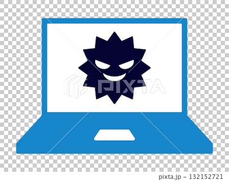 筆記型電腦上顯示的病毒圖示，表示網路攻擊的威脅 132152721