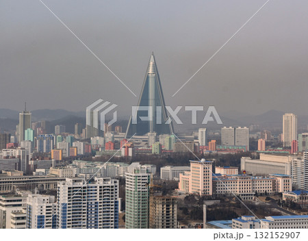 View to the Ryugyong Hotel from the top of the Juche Tower in Pyongyang 132152907