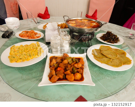 A meal of traditional Korean dishes in a restaurant in Pyongyang, North Korea A meal of traditional Korean dishes in a restaurant in Pyongyang, North Korea 132152917