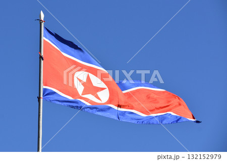 The North Korean flag waving in the wind 132152979