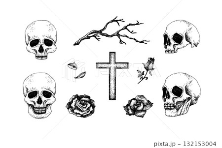 Halloween graphic set with Skull, roses flowers, dry branch and cross object. Hand drawn illustration without white background in Gothic, Punk style, vector for textile, stationery, festive packaging Halloween graphic set with Skull, roses flowers, dry branch and cross object. Hand drawn illustration without white background in Gothic, Punk style, vector for textile, stationery, festive packaging 132153004