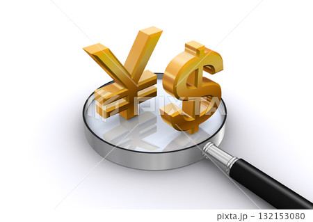 3Dの通貨マークと虫メガネ、ドル・円 132153080