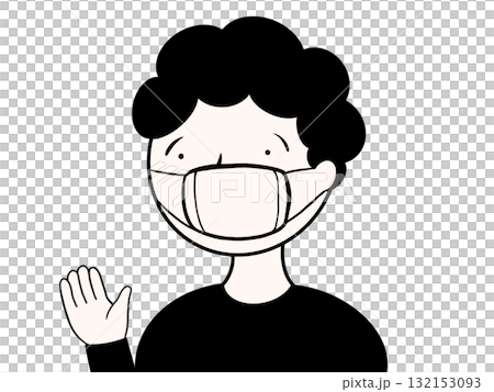 マスクをつけたアフロな男の子が片手をあげているモノクロイラスト マスクをつけたアフロな男の子が片手をあげているモノクロイラスト 132153093