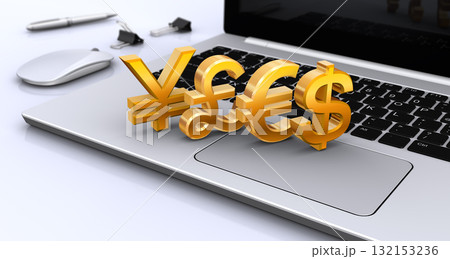 通貨マークとノートパソコン、金融トレードのイメージ 132153236