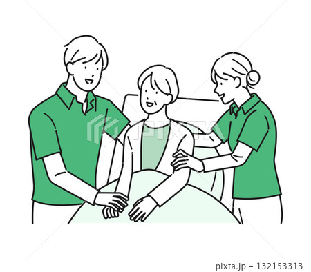 イラスト素材：ベットから起きあがるシニアを介助する介護士 132153313