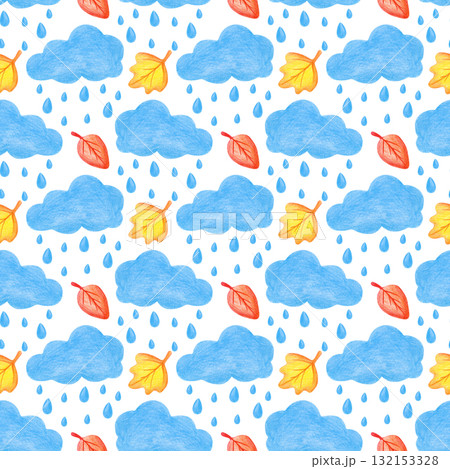 Seamless autumn pattern with rainy clouds and falling leaves, hand-drawn. Drawing with colored pencils on a white background. A delicate seamless template with bright leaves and rain for decorating 132153328