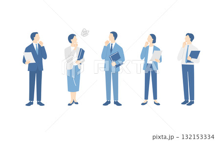 書類ファイルを持って考える、ビジネスチームの全身イラストセット 132153334
