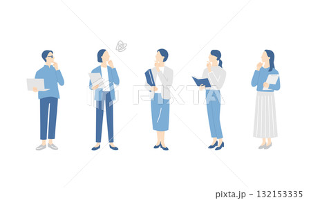 PCや書類ファイルを持って悩む、女性ビジネスチームの全身イラストセット 132153335