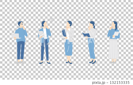 PCや書類ファイルを持って悩む、女性ビジネスチームの全身イラストセット 132153335