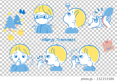 Illustration set about allergies, hay fever prevention and treatment Illustration set about allergies, hay fever prevention and treatment 132153380
