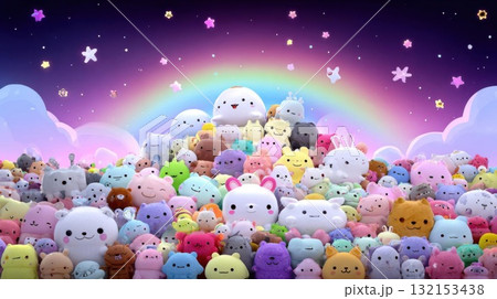Cartoon Plushies Gather Under Rainbow Sky 132153438