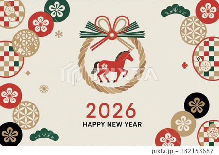 2026年 干支の馬としめ縄飾りの伝統模様入り年賀状デザイン 132153687