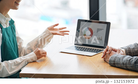 ノートパソコンを見ながら面談するショップ店員とビジネスパーソン ノートパソコンを見ながら面談するショップ店員とビジネスパーソン 132153972