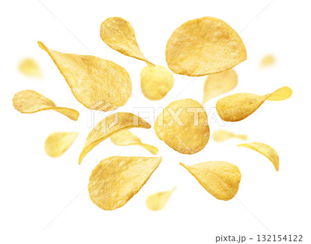 Potato chips levitate on a white background Potato chips levitate on a white background 132154122