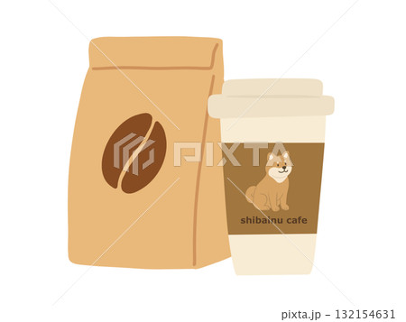 (架空の)柴犬カフェのコーヒーとコーヒー豆のイラスト 132154631