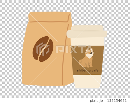 (架空の)柴犬カフェのコーヒーとコーヒー豆のイラスト 132154631