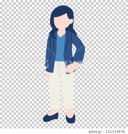 腰に手をあてて立つビジネスパーソン[女性]のフラットなイラスト 132154876