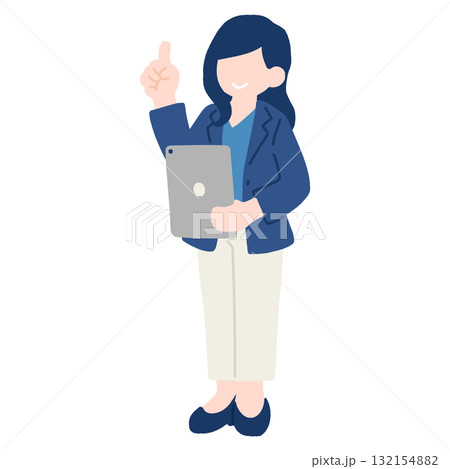 タブレットを持ちながら指をさすビジネスパーソン[女性]のフラットなイラスト 132154882