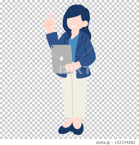 タブレットを持ちながら指をさすビジネスパーソン[女性]のフラットなイラスト 132154882